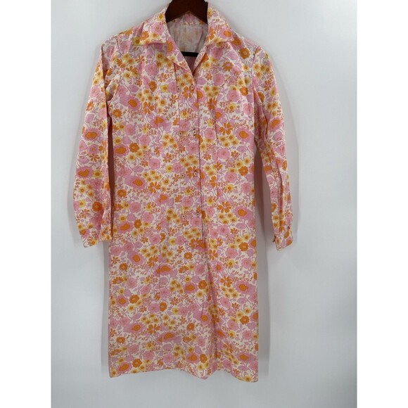 Vintage 1970s Placket Button MOD Pink Floral Long Sleeve Retro Dress Size 10 USA - Picture 1 of 10